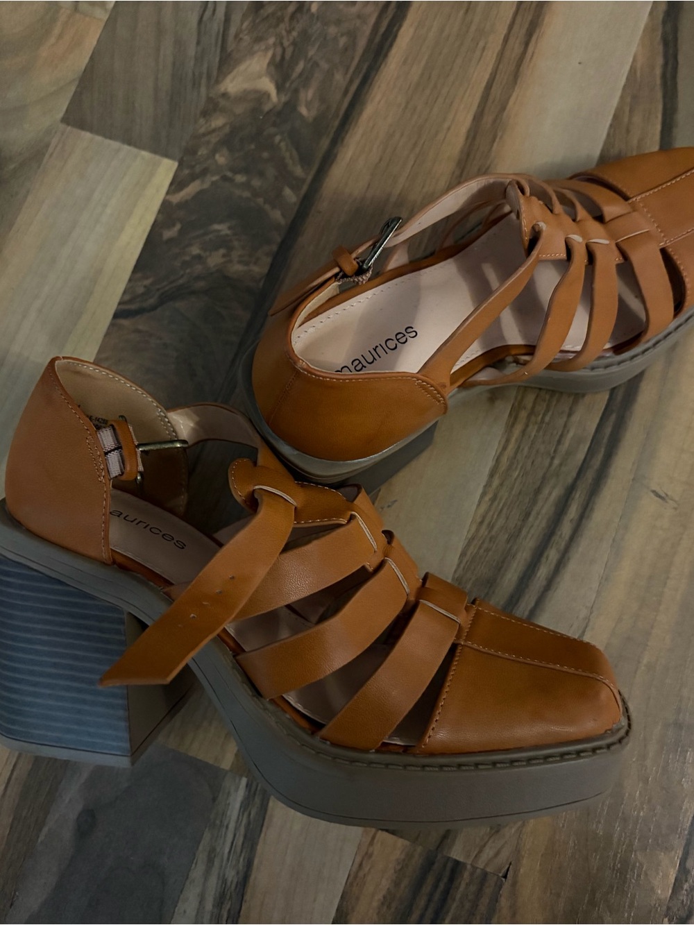 Cognac Tan Strappy Block Fisherman Platform Chunky Heel Sandals Shoes. 7, NWOT